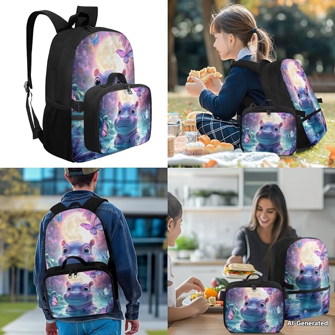 Doojoayie Girls Backpack Set Ages 4-6 6-8 8-10 Hippo Backpack for Kids Large Capacity & Heavy Duty Bookbag for Teen Girls 2025 Trendy School Bags for Preschool Primary Student
