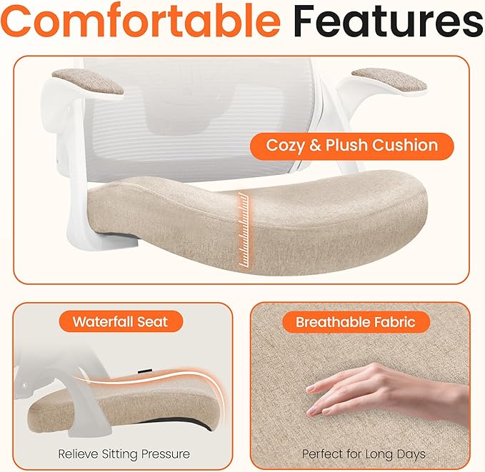 NEO CHAIR Office Chair High Back Desk Mesh Chair Comfy Computer Gaming Seat with Adjustable Ergonomic Lumbar Rolling Flip-up Armrests and Wheels (Beige)