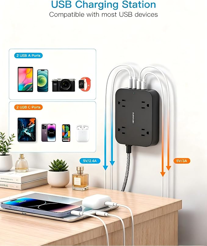 HANYCONY 5 Ft Braided Extension Cord with Ultra-Thin Flat Plug, 4 Widely Spaced Outlets & 4 USB Ports (2 USB C), Non-Surge Protector Power Strip for Cruise Ship, Travel Essentials, Home Office, Black