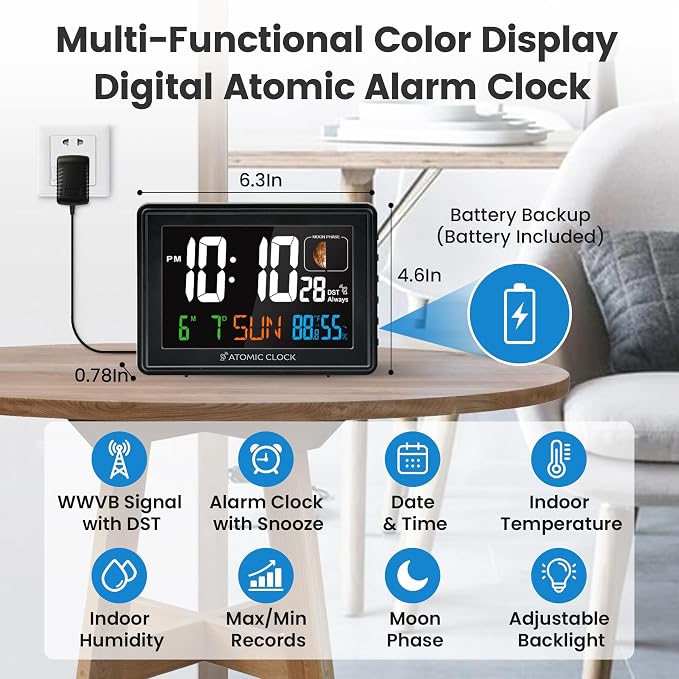 Digital Atomic Alarm Clocks for Bedrooms Battery Backup | Color Display, Self-Setting Clock, Auto DST, Indoor Temperature Humidity, Moon Phase, Calendar, Time, Day of Week, Black