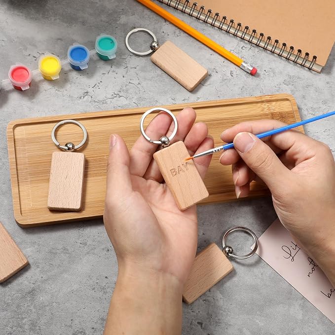 COMNICO 50 Pcs Bamboo Pens Bulk with 50 Pcs Blanks Wooden Keychain, Wooden Bamboo Pens Retractable Ballpoint Pen for Office School Teacher Student Notebook Notepads