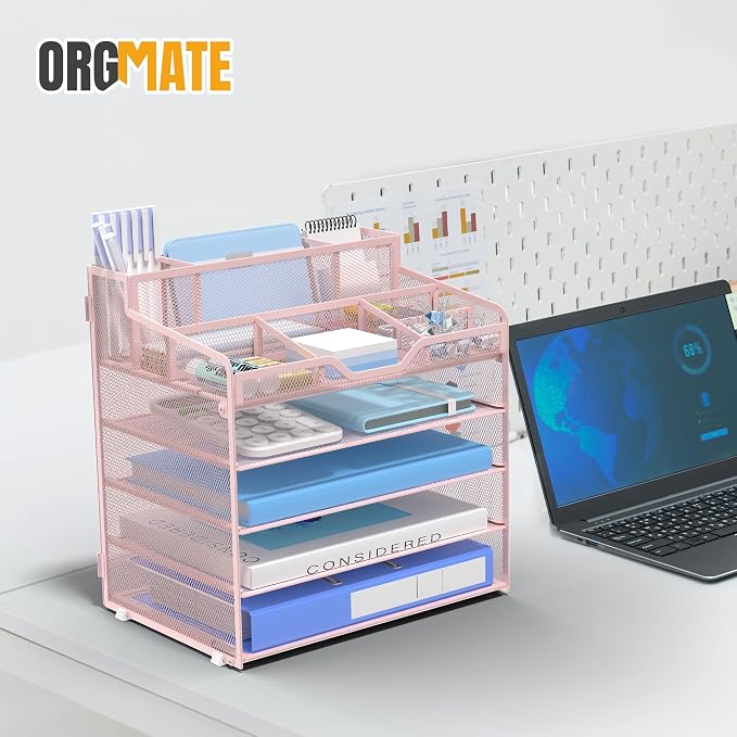 5 Tier Mesh Paper Desk Organizer with Pen Holders, Pink | Features 3 pen holders, and 5 adjustable compartments for office school home desk storage