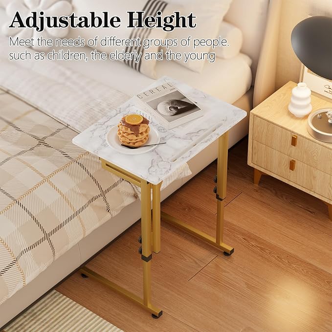 Folding tv Tray Dinner Snack Table,6 Height Adjustable Slide Under Couch Side Table, Portable Small Foldable C-Shaped End Table for Eating with Sturdy MDF Top,No Assembly(White Marble+Gold)