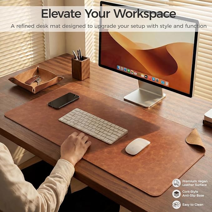 Premium Faux Leather Desk Mat & Tray Set，Innovative Cork-Look Printed Base，Gift Tube Packaging，Full-Desk Coverage，Non-Slip Desk Pad for Office Home（Cognac Brown）