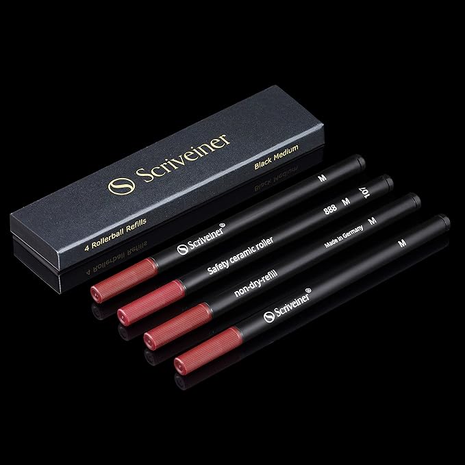 Scriveiner Silver Chrome Rollerball, Award Winning Luxury Pen, Heavy Pocket Pen with Chrome Finish, bundle with Rollerball Refill Black Medium - 4 Rollerball Refills in one box