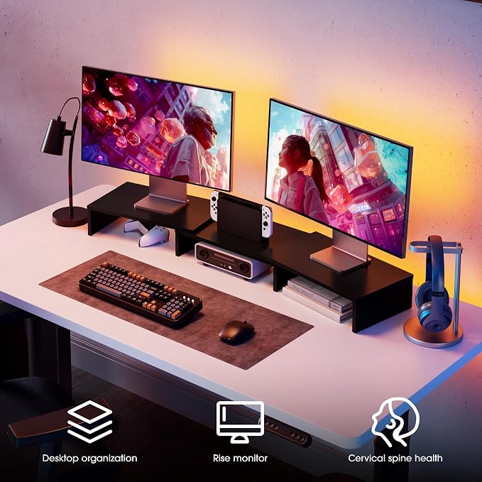 FITUEYES Dual Monitor Stand Riser, Adjustable Length and Angle, Black | Wooden 3-Shelf Design, Supports up to 55lbs, Flexible for Standard Corner Space, Holds Monitor, Laptop, Phone, Printer