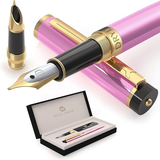 Dryden Designs Fountain Pen - Medium Nib and Fine Nib | Includes Luxury Box, 6 Ink Cartridges - 3 Black 3 Blue and Ink Refill Converter - Luscious Pink