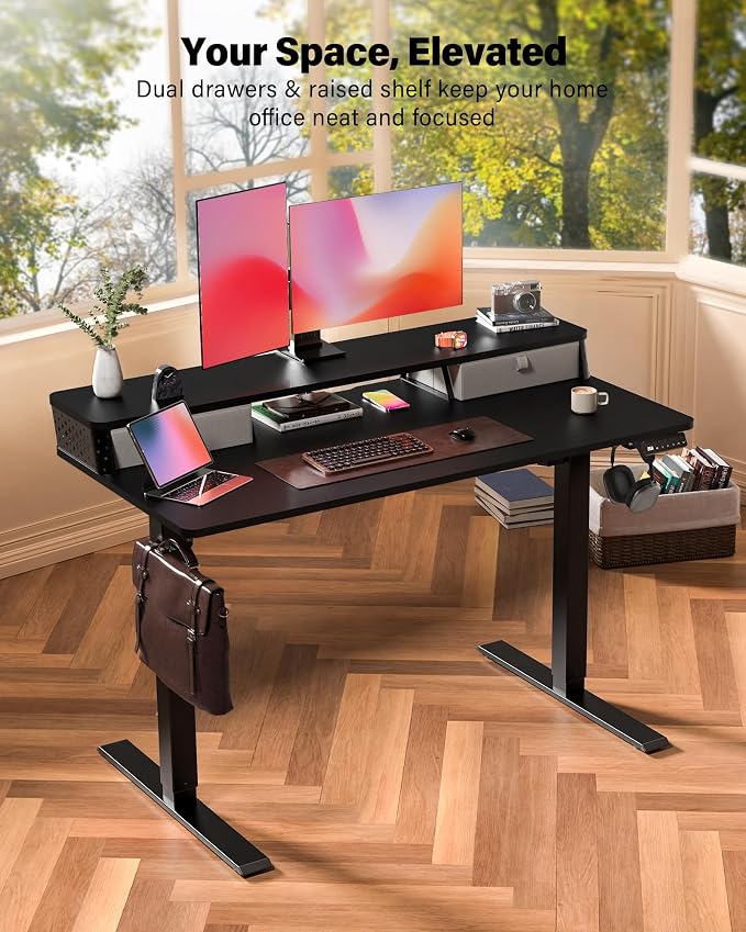 FiCiHi 48x24 Inch Standing Desk with Drawers, C-Clamp Mount Compatible, Electric Adjustable Height Computer Stand Up Desks, Home Office Sit Stand Table with 3 Preset Heights, Black
