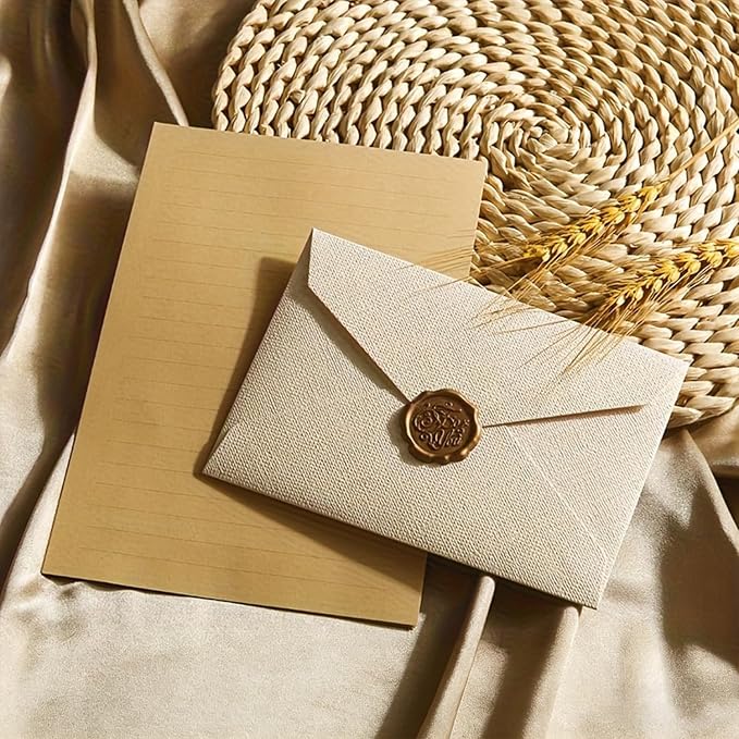 48 Pieces Stationery Set with Envelopes (24 Kraft Paper Sheets + 12 Linen Texture Envelopes+12 Wax Seal Stickers), Stationery Letter Writing Paper Set for Love Letters and Party Invitations (White)