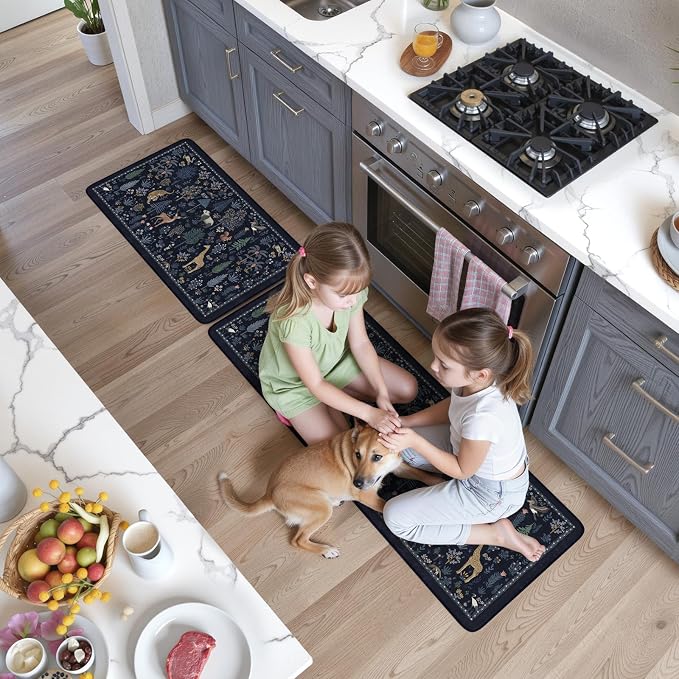 KIMODE Anti Fatigue Mats for Kitchen Floor,Cushioned Kitchen Rugs Sets of 2 | 17.3"x47"+ 17.3"x29",Dark Blue,Farmhouse Animal Forest Kitchen Rug Non Slip,Padded Kitchen Floor Mats for Laundry Sink Office