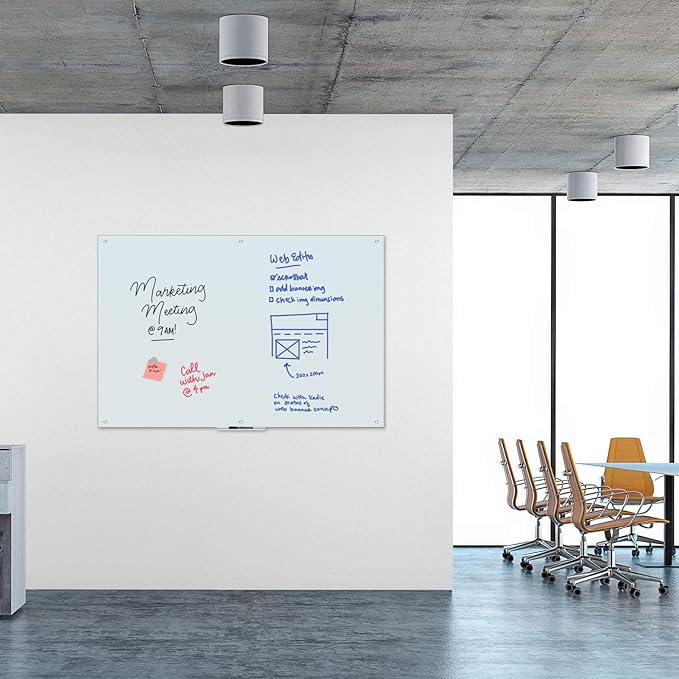 U Brands Magnetic Glass Dry Erase Board, Office Supplies, White, with Eraser, Markers, Magnet, 18” Tray, 5mm, 48” x 72”