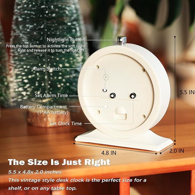 AYRELY® 5.5" Vintage Metal Alarm Clock, Desk and Table Clock for Shelf | Battery Operated Silent Analog Clock with Light for Living Room,Mantel, Bedside and Home Decor (White)