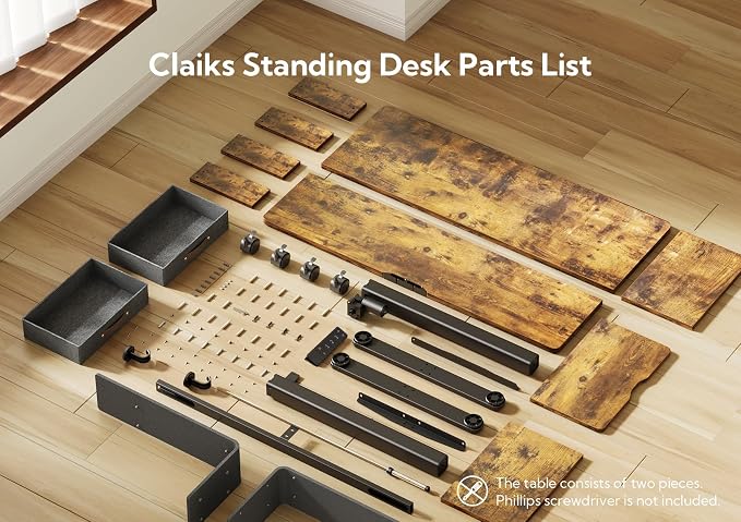 Claiks Standing Desk with Drawers & Wheels, 2 Height Shelf 40" Rustic Brown | 2 height adjust shelf, tabletop drawers, felt fence design, sturdy supports 176 lbs, 4 wheels, 2 tire monitor stand