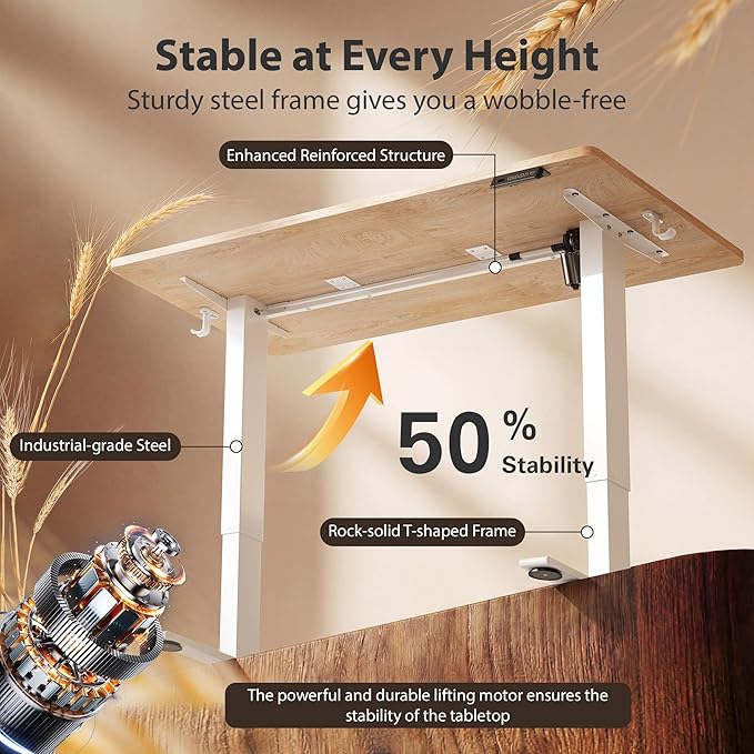 Cubiker Standing Desk, 55x24 Inches Sit Stand Home Office Desk, Electric Stand up Desk, Adjustable Desk with Splice Board, White Frame/Maple Top
