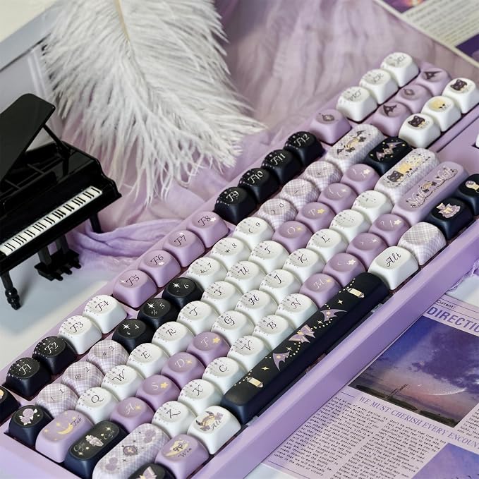 Custom Keyboard Keycaps,MOA Profile Halloween-Themed Keycaps PBT Dye-Sublimation 129 Keys Full Size Key Caps Set for Cherry MX Switches Mechanical Gaming Keyboard DIY (Purple-Witch)