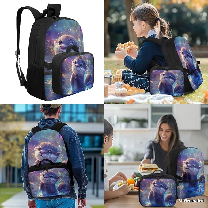 Doojoayie Girls School Backpacks Ages 6-8 8-10 Otter Bookbag with Lunch Box 17 inch Kindergarten Backapack Kids Back Pack 2025 New Back to School Bags for Elementary Children
