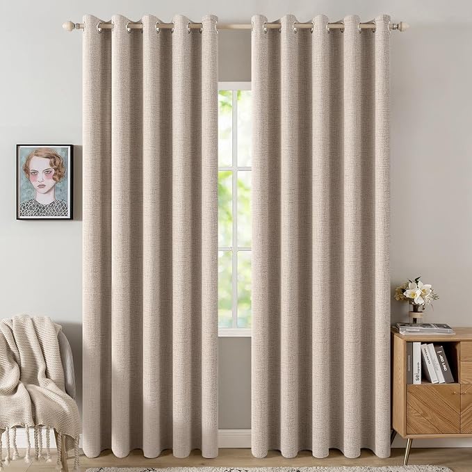 MIULEE 100% Blackout Linen Textured Curtains for Bedroom Solid Thermal Insulated Natural Beige Grommet Room Darkening Curtains & Drapes Luxury Decor for Living Room 62 x 84 Inch (2 Panels)