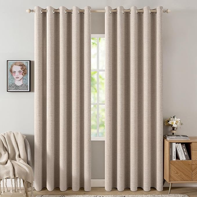 MIULEE 100% Blackout Linen Textured Curtains for Bedroom Solid Thermal Insulated Natural Beige Grommet Room Darkening Curtains & Drapes Luxury Decor for Living Room 62 x 96 Inch (2 Panels)