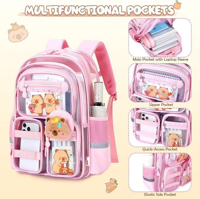Capybara Theme Clear Backpack, 28Pcs School Supplies Stationery Transparent Backpack Set with Lunch Box Pencil Case Pens Notebooks for Kids Girls Elementary Middle School Stadium Approved