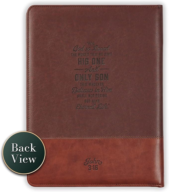 Christian Art Gifts John 3:16 Cross Two-Tone Zippered Brown Faux Leather Padfolio/Portfolio Folder Notepad with Single Pen with Highlighter Tip for Notes