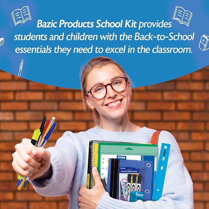 BAZIC PRODUCTS Middle and High School Supplies Kit, 65 Pieces, Grades 7-12, Compass Calculator Notebooks Pencils Pens Highlighters, Prepacked