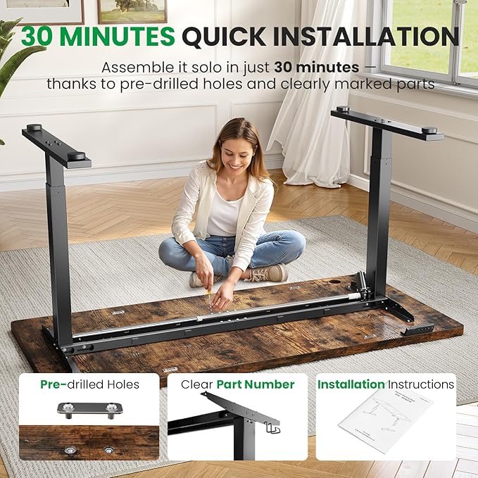 1 Inch Thick Tabletop Electric Standing Desk Adjustable - 60x28 Inch Sit Stand Desk, Double Beam Frame, 3 Memory Height Adjustment, Cable Management for Home Office