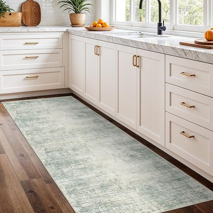 2x6 Hallway Washable Runner Rug - Non-Slip Kitchen Rugs with Rubber Backing Abstract Neutral Low-Pile Carpet Runners for Laundry Room Home Decor Bedroom Bathroom Entryway (Green,2x6)