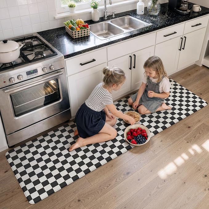 KIMODE Kitchen Mats Cushioned Anti Fatigue, Farmhouse Kitchen Rug 24"x71" | Black and White Kitchen Mats for Floor, Waterproof Laundry Room Rug, Memory Foam Standing Mat for Kitchen Decor Office Desk