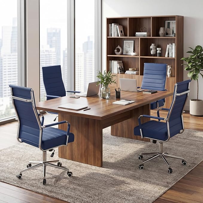 JOMEED Office Desk Chair,Conference Room Chair,High Back PU Leather Swivel | Modern Executive Ribbed Design, Ergonomic, Height Adjustable, Wheels and Arms, for Home Office(Blue-Silver Frame)
