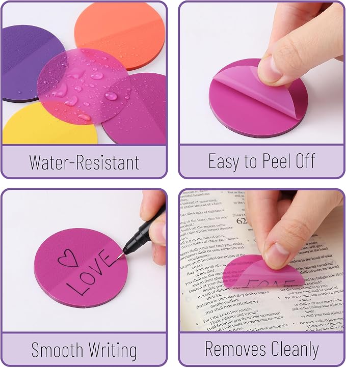 Mr. Pen- Round Transparent Sticky Notes, 1.8”, 4 Pads with Black Fineliner | 200 Sheets, Smooth Writing, Water-Resistant, Clean Removal, Easy-Peel Sticky Notes for Bible Journaling & Planning