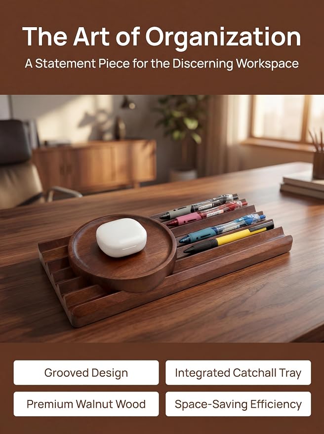 Horizontal Pen Holder for Desk, Walnut Pen Holder with 5 Compartments,Pen Tray Office Accessory, Teacher Gifts, Suitable for School, Home,Pen Tray for Desk (Walnut)