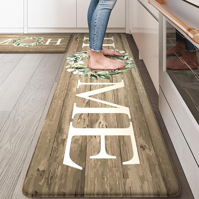 KIMODE Kitchen Mats Cushioned Anti Fatigue, Farmhouse Kitchen Rugs, Kitchen mats for Floor 2 piece, Comfort Padded Kitchen Floor Mats for Sink, Laundry, Office, Desk Khaki 17"x59"+17"x29"