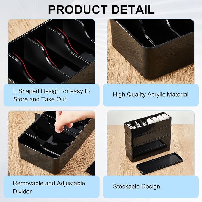 Tatuo 4 Pcs Cord Organizer for Drawer Desktop, Cable Organizer Box with 8 Compartments and Wire Ties, Plastic Charger Storage with Lid, Electronics Case for Home Office Accessories (Small,Black)