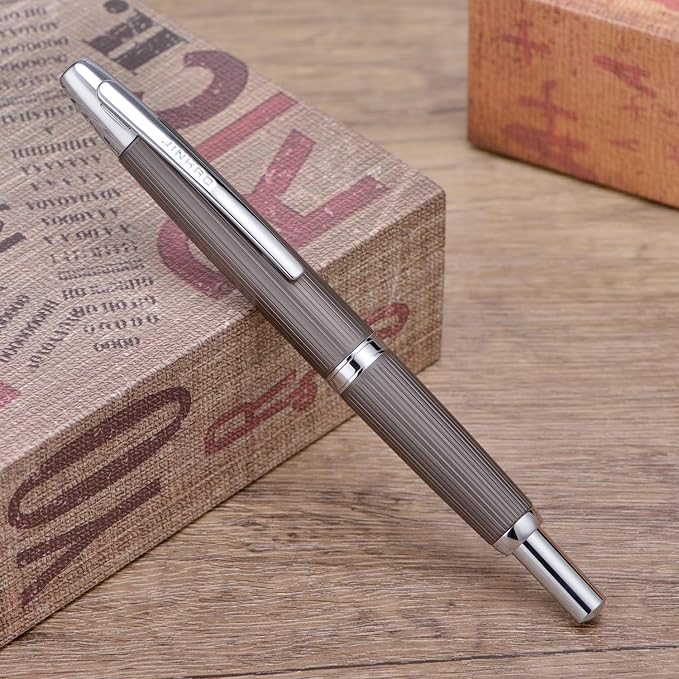 Jinhao 10 Press Fountain Pen with Box, Brushed Matt Gray Retractable Medium Nib with Ink Converter Set (Silver Clip)