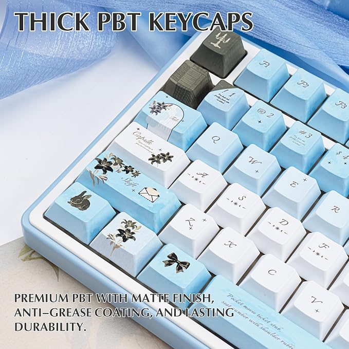 PBT keycap Set 145 Keys Cherry Profile, Blue White Lily Themed Aesthetic Keycaps Custom Dye-Sub Keyboard Keycaps for 60% 65% 70% 75% Cherry Gateron MX Switches Mechanical Keyboards
