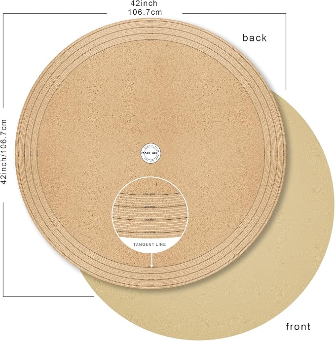 MAIDERN 42 Inch Round Cork & Leather Table Pad Protector, Cuttable Size (36-42 Inch), Trimmable Dining Table Mat, Heat Resistant/Non-Slip Table Cover for Kitchen, Office, or Restauran (Golden)