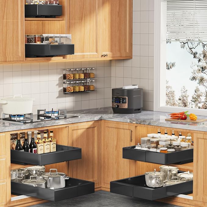 Seinloes 4 Pack Expandable Width (9"-14.1") Pull Out Cabinet Organizer 21" Deep with Raising Pad for Framed Cabinets, Upgrade 3 Slide Rails Slide Out Drawers, Roll Out Shelves Adhesive, Black