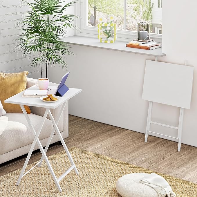 HOOBRO Folding TV Tray Tables, Stable Snack Table for Small Space, Portable Sofa Side Table, Easy Assembly and Storage, Ideal for Snacks and Meals in Living Room, White WW15BZ01