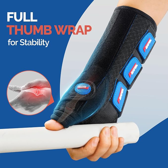 FEATOL Carpal Tunnel Wrist Brace Night Support, Thumb Spica Splint Left Hand for De Quervains Tenosynovitis, Tendonitis, Thumb Brace for Women Men, Black Blue, Small/Medium