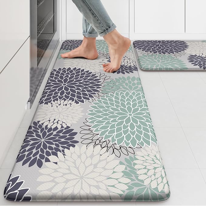 KIMODE Anti Fatigue Kitchen Mat 2PCS Kitchen Mat for Floor Cushioned | 17"x47"+17"x29",Dahlia Floral,Red, Farmhouse Floor Mats set of 2,Non Slip,Waterproof,Comfort Mat for Sink Office Laundry home