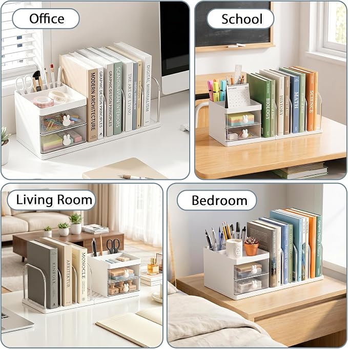 Marte Vanci Desk Organizer with File Holder, Versatile Tidy Organizer with 2 Drawers & Pen Holder, Stationery Storage Rack Detachable Bookends Desktop Caddy for Home Office Supplies Desk Accessories