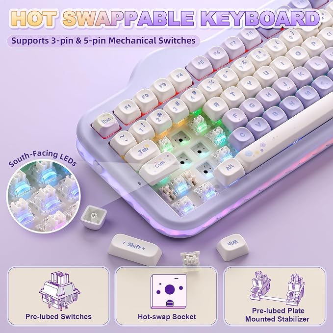 YUNZII C98 Wireless Mechanical Keyboard with Number Pad,99 Key BT5.0/2.4G/USB-C Hot Swap Gasket Mount with PBT MOA Keycaps,Custom RGB,Cute Cake Keyboard for Win/Mac (Purple, Milk V2 Linear Switch)