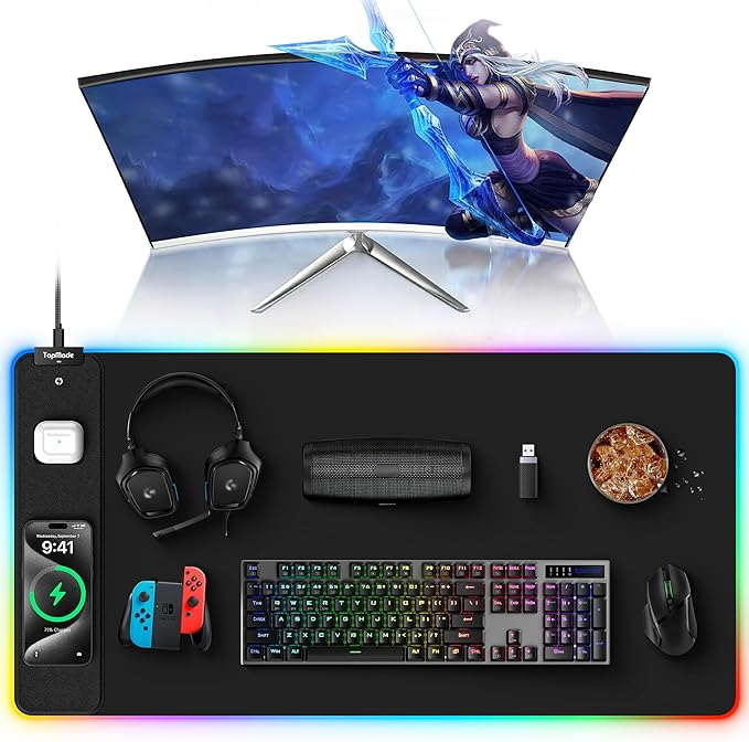 TopMade Wireless Charging RGB Mouse Pad, Waterproof Gaming Desk Pad with 4 Light Modes & 11 RGB Colors, Ultra-Smooth Surface, Non-Slip Base, 31.5"x15.75" XXL Large Desk Mat for MacBook, PC, Laptop