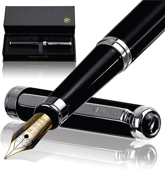 Customized Black & Silver Luxury fountain pen, fancy gift set for women, Chrome Finish, Professional executive pen gift set for men (Lux Custom-fountain Black-Silver)