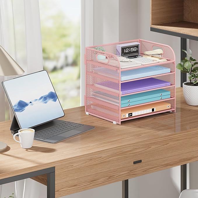 5 Tier Paper Organizer with Handle, Pink Metal Mesh Desk Organizer File Folder Paper Letter Tray Desktop Document Sorter for Classroom, School, Office Accessories Organization and Storage