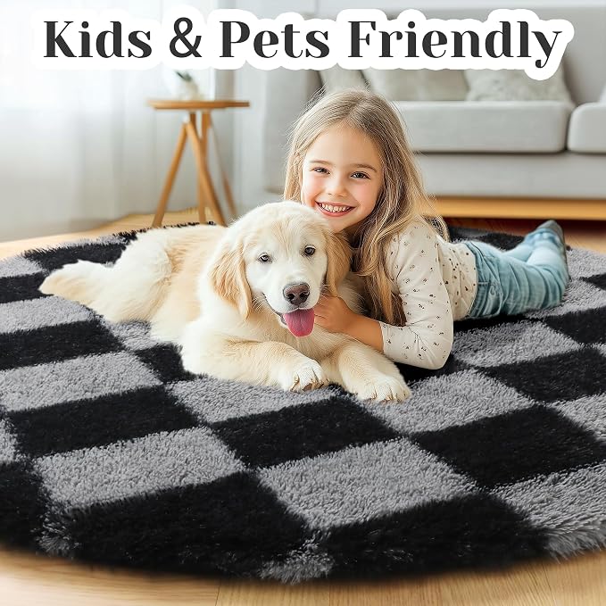 KICMOR Round Rugs 5ft Black and Grey Circle Area Rug, Fluffy Soft Fuzzy Shag Shaggy Bedroom Living Room Carpet, Indoor Checkered Circular Rug for Teen Kids Boys Girls Home Decor Aesthetic, Nursery