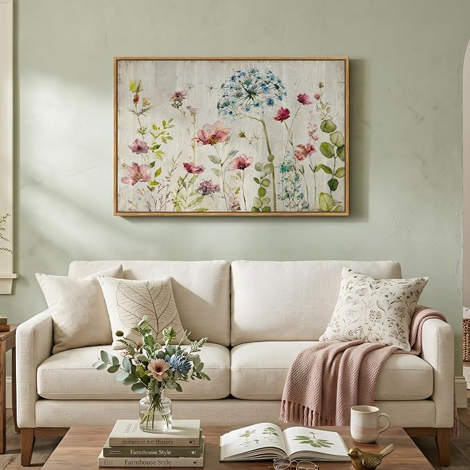 Framed Vintage Floral Wall Art, Rustic Colorful Flower Canvas Prints Artwork for Walls, Natural Watercolor Botanical Wildflower Pictures for Living Room Bedroom Dining Room Office Wall Decor, 24x36 In