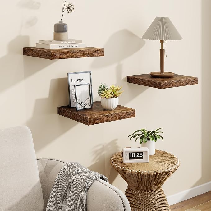 Square Floating Shelves for Wall, 10"W x 10"D x 1.25"H, 3 Packs Small Wall Mounted Engineered Wood Shelves with Invisible Brackets for Living Room, Bedroom, Bathroom, Kitchen Decor, Rustic Brown