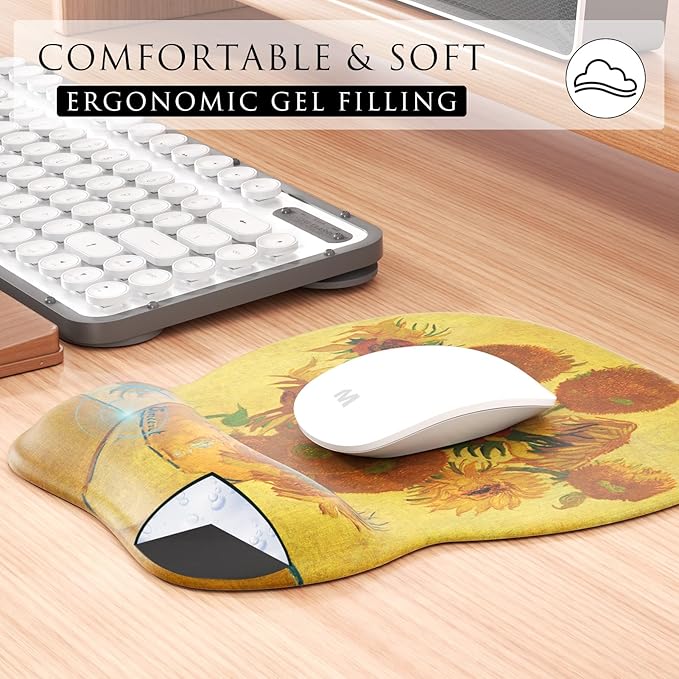 MROCO Ergonomic Mouse Pad with Gel Wrist Rest, Smooth Wrist Support Surface, Non-Slip PU Base for Pain Relief, Comfortable Mousepad for Computer, Laptop, Office & Home, 9.4 x 8.1 in, Sunflower