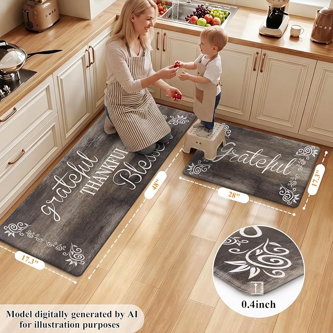 HEBE Anti Fatigue Kitchen Rugs Set of 2, Non Slip Cushioned Kitchen Mats for Floor, Waterproof Farmhouse Kitchen Carpet Set Comfort Standing Desk Mat for Sink,Office,Laundry